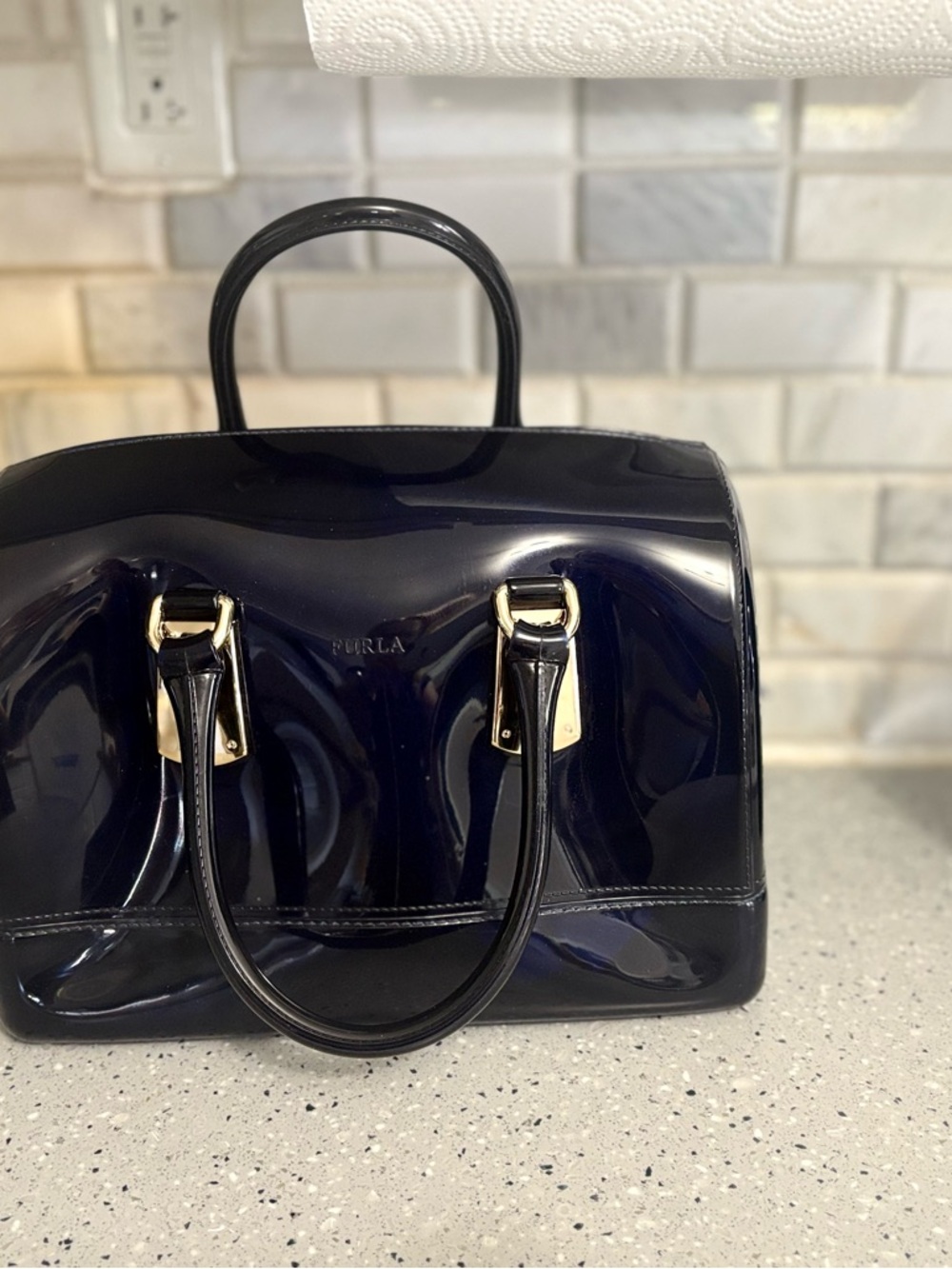 Furla Jelly Candy Dark Blue Satchel with Gold Hardware EUC
